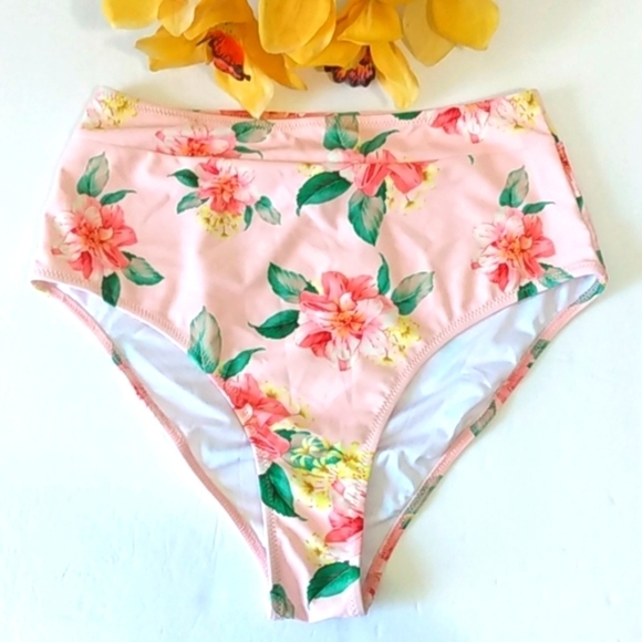 CUPSHE PEACH FLORAL HI-WAIST BIKINI BOTTOM SIZE MEDIUM NWT - Picture 2 of 9